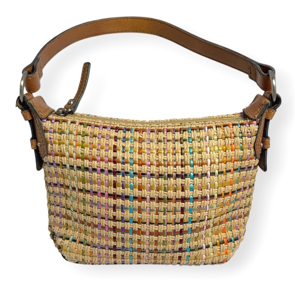 Y2K Fossil Mini Shoulder Bag Woven Straw Rainbow Detail Brown Leather Whimsy